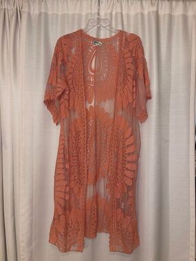 Embroidered Crochet Kimono Cover-Up in Coral